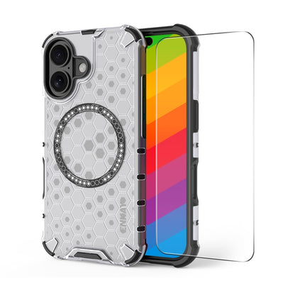 For iPhone 16 ENKAY Hat-Prince Honeycomb MagSafe Shockproof Phone Case with Large Arc Edge Film(White) - iPhone 16 Cases by ENKAY | Online Shopping South Africa | PMC Jewellery | Buy Now Pay Later Mobicred