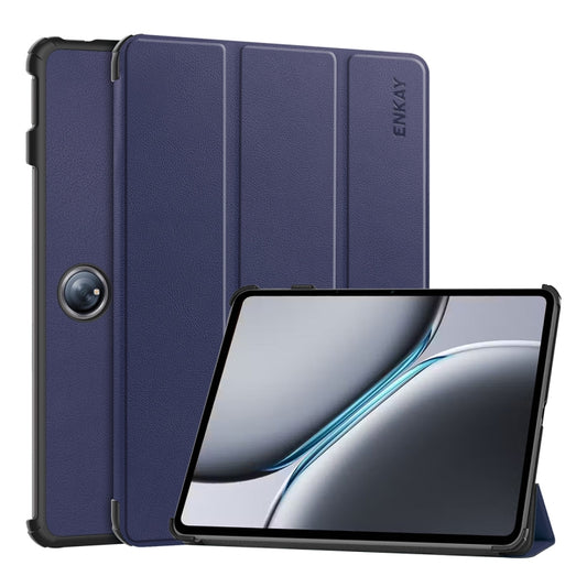 For OnePlus Pad 2 / Pad Pro 12.1 ENKAY Tri-fold Custer Texture Platic Leather Smart Tablet Case(Dark Blue) - Others by ENKAY | Online Shopping South Africa | PMC Jewellery | Buy Now Pay Later Mobicred