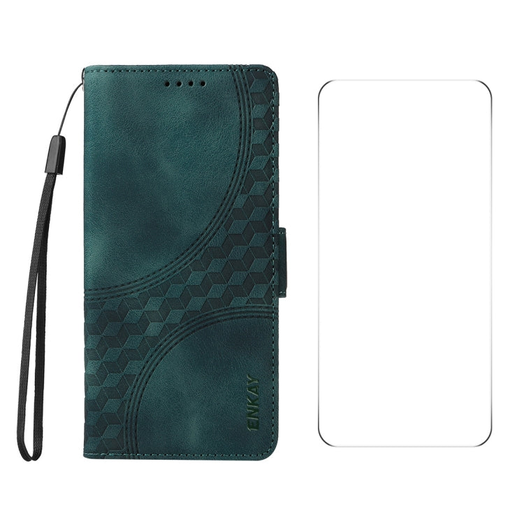 For iPhone 16e ENKAY Embossed Rhombus Starry Leather Phone Case with Screen Film(Green) - free shipping - PMC TechLife - Order now!