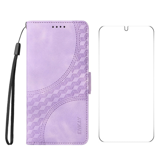 For Samsung Galaxy S25+ / S24+ 5G ENKAY Embossed Rhombus Starry Leather Phone Case with Screen Film(Purple) - Galaxy S24+ 5G Cases by ENKAY | Online Shopping South Africa | PMC Jewellery | Buy Now Pay Later Mobicred