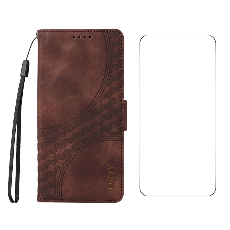 For Google Pixel 9 Pro XL ENKAY Embossed Rhombus Starry Leather Phone Case with Screen Film(Brown) - Google Cases by ENKAY | Online Shopping South Africa | PMC Jewellery | Buy Now Pay Later Mobicred