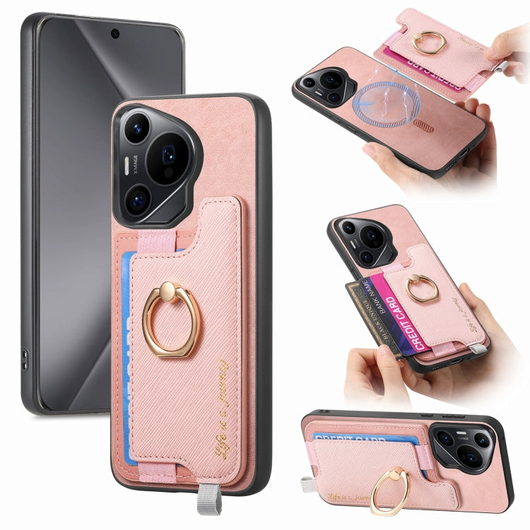 For Huawei Pura 70 Retro Magsafe Cross Leather Ring Holder Card Bag Phone Case(Pink) - Huawei Cases by PMC Jewellery | Online Shopping South Africa | PMC Jewellery | Buy Now Pay Later Mobicred