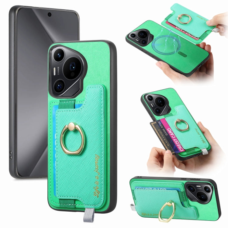 For Huawei Pura 70 Retro Magsafe Cross Leather Ring Holder Card Bag Phone Case(Green) - Huawei Cases by PMC Jewellery | Online Shopping South Africa | PMC Jewellery | Buy Now Pay Later Mobicred