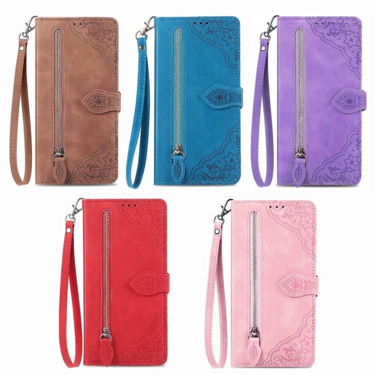 For Samsung Galaxy S25 5G Embossed Flower Zipper Leather Phone Case(Red) - Galaxy S25 5G Cases by PMC TechLife | Online Shopping South Africa | PMC TechLife | Buy Now Pay Later Mobicred