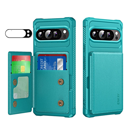 For Google Pixel 9 / 9 Pro ENKAY Hat-Prince Card Slot Wallet TPU Back Leather Phone Case with Lens Film(Cyan) - Google Cases by ENKAY | Online Shopping South Africa | PMC Jewellery | Buy Now Pay Later Mobicred