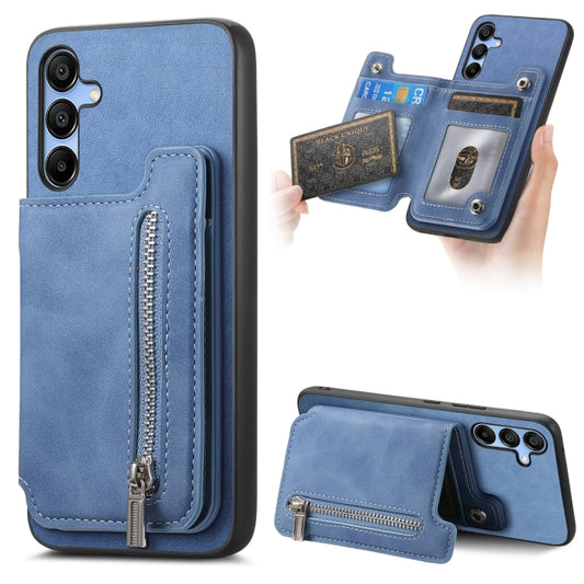 For Samsung Galaxy S25 5G Retro MagSafe Zipper Wallet Card Bag Back Phone Case(Blue) - Galaxy S25 5G Cases by PMC Jewellery | Online Shopping South Africa | PMC Jewellery | Buy Now Pay Later Mobicred