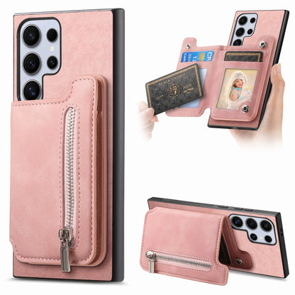 For Samsung Galaxy S25 Ultra 5G Retro MagSafe Zipper Wallet Card Bag Back Phone Case(Pink) - Galaxy S25 Ultra 5G Cases by PMC Jewellery | Online Shopping South Africa | PMC Jewellery | Buy Now Pay Later Mobicred