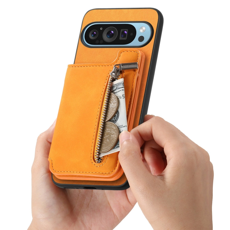 For Google Pixel 9 Pro XL Retro MagSafe Zipper Wallet Card Bag Back Phone Case(Yellow) - Google Cases by PMC TechLife | Online Shopping South Africa | PMC TechLife | Buy Now Pay Later Mobicred