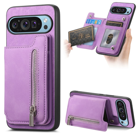 For Google Pixel 8 Pro Retro MagSafe Zipper Wallet Card Bag Back Phone Case(Purple) - Google Cases by PMC Jewellery | Online Shopping South Africa | PMC Jewellery | Buy Now Pay Later Mobicred