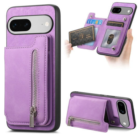 For Google Pixel 7a Retro MagSafe Zipper Wallet Card Bag Back Phone Case(Purple) - Google Cases by PMC Jewellery | Online Shopping South Africa | PMC Jewellery | Buy Now Pay Later Mobicred