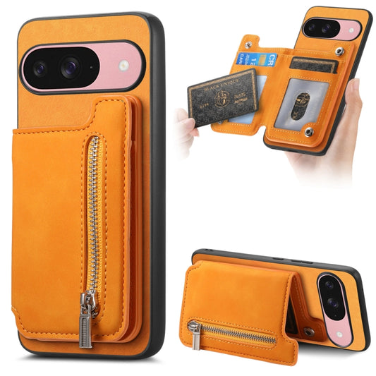 For Google Pixel 9 / 9 Pro Retro MagSafe Zipper Wallet Card Bag Back Phone Case(Yellow) - Google Cases by PMC Jewellery | Online Shopping South Africa | PMC Jewellery | Buy Now Pay Later Mobicred