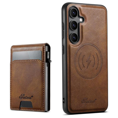 For Samsung Galaxy S25 5G Suteni H19 Oil Wax 2-in-1 MagSafe Removable Card Box Back Phone Case(Brown) - Galaxy S25 5G Cases by Suteni | Online Shopping South Africa | PMC Jewellery | Buy Now Pay Later Mobicred