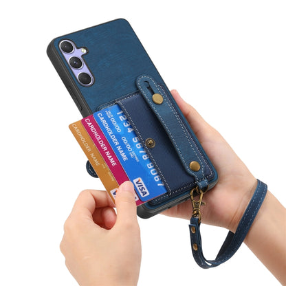 For Samsung Galaxy S25 5G Retro Cross Wristband Wallet Leather Back Phone Case(Blue) - Galaxy S25 5G Cases by PMC Jewellery | Online Shopping South Africa | PMC Jewellery | Buy Now Pay Later Mobicred