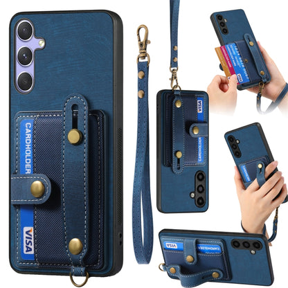 For Samsung Galaxy S25+ 5G Retro Cross Wristband Wallet Leather Back Phone Case(Blue) - Galaxy S25+ 5G Cases by PMC Jewellery | Online Shopping South Africa | PMC Jewellery | Buy Now Pay Later Mobicred