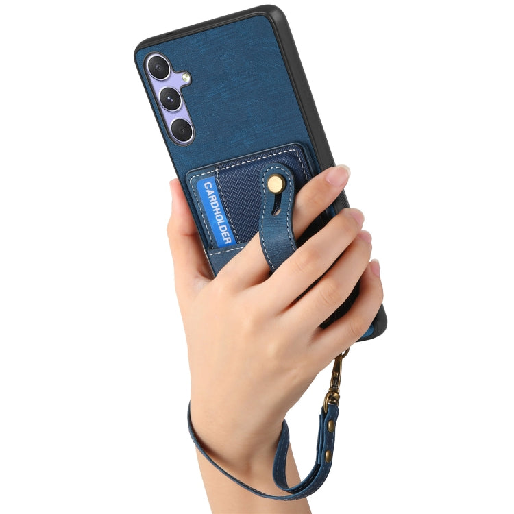 For Samsung Galaxy S25+ 5G Retro Cross Wristband Wallet Leather Back Phone Case(Blue) - Galaxy S25+ 5G Cases by PMC Jewellery | Online Shopping South Africa | PMC Jewellery | Buy Now Pay Later Mobicred