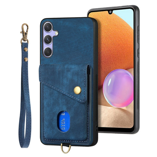 For Samsung Galaxy S25 5G Retro Card Wallet Fold Leather Phone Case with Strap(Blue) - Galaxy S25 5G Cases by PMC Jewellery | Online Shopping South Africa | PMC Jewellery | Buy Now Pay Later Mobicred