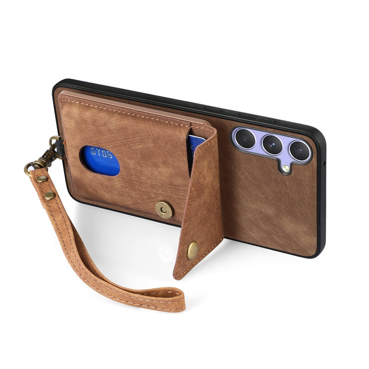 For Samsung Galaxy S25 5G Retro Card Wallet Fold Leather Phone Case with Strap(Brown) - Galaxy S25 5G Cases by PMC TechLife | Online Shopping South Africa | PMC TechLife | Buy Now Pay Later Mobicred
