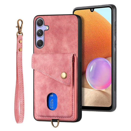 For Samsung Galaxy S25+ 5G Retro Card Wallet Fold Leather Phone Case with Strap(Pink) - Galaxy S25+ 5G Cases by PMC Jewellery | Online Shopping South Africa | PMC Jewellery | Buy Now Pay Later Mobicred