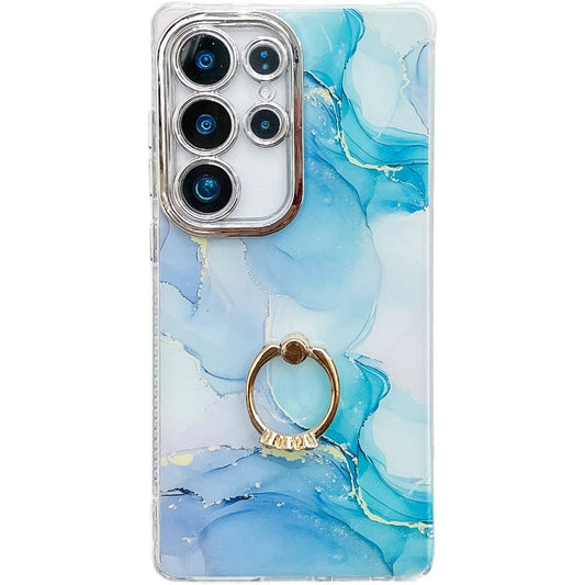 For Samsung Galaxy S25 Ultra 5G Electroplated Marble Texture Ring Holder Phone Case(Blue Green S9) - Galaxy S25 Ultra 5G Cases by PMC Jewellery | Online Shopping South Africa | PMC Jewellery | Buy Now Pay Later Mobicred