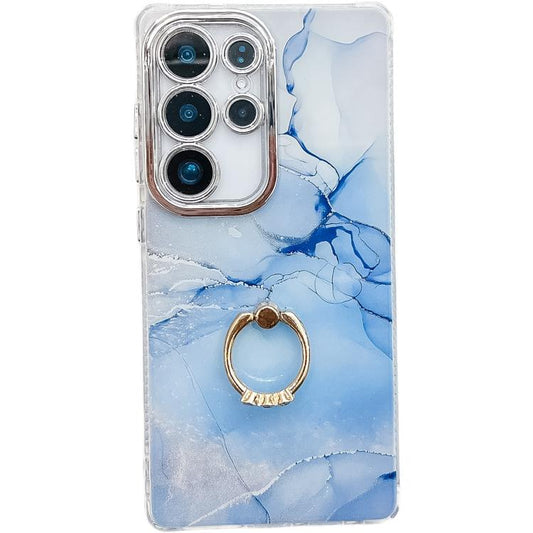 For Samsung Galaxy S25 Ultra 5G Electroplated Marble Texture Ring Holder Phone Case(Blue S11) - Galaxy S25 Ultra 5G Cases by PMC Jewellery | Online Shopping South Africa | PMC Jewellery | Buy Now Pay Later Mobicred