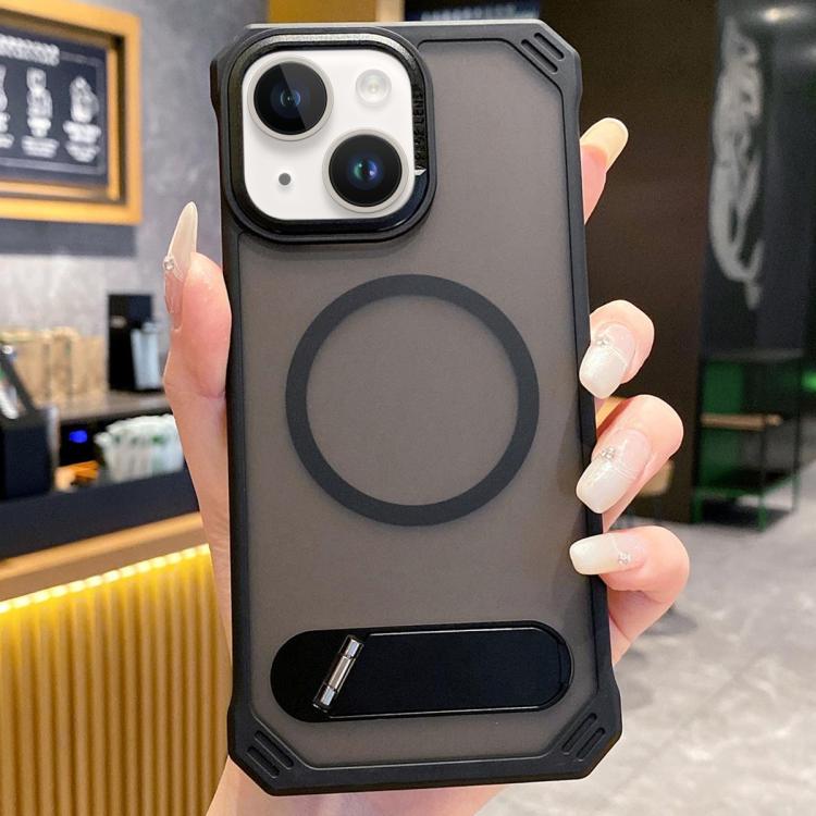 For iPhone 13 Skin Feel Frameless MagSafe PC Phone Case with Fold Holder(Black) - iPhone 13 Cases by PMc TechLife | Online Shopping South Africa | PMc TechLife | Buy Now Pay Later Mobicred
