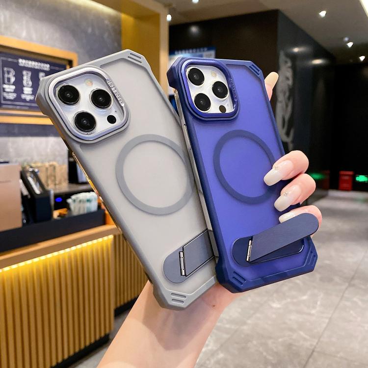 For iPhone 14 Skin Feel Frameless MagSafe PC Phone Case with Fold Holder(Grey) - iPhone 14 Cases by PMc TechLife | Online Shopping South Africa | PMc TechLife | Buy Now Pay Later Mobicred