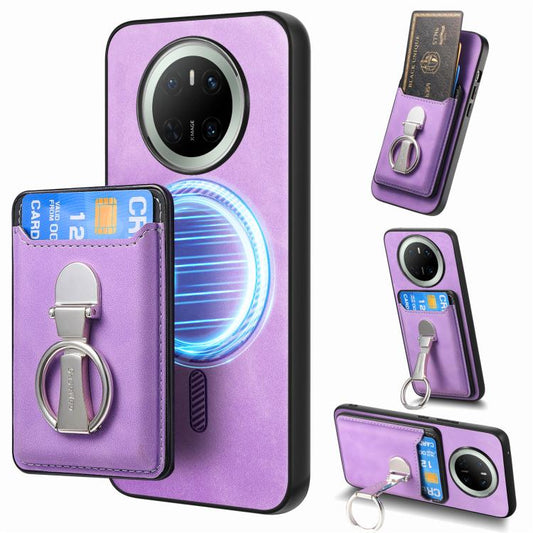 For Huawei Mate 70 Retro Folding Ring Holder Card Bag MagSafe Phone Case(Purple) - Huawei Cases by PMC Jewellery | Online Shopping South Africa | PMC Jewellery | Buy Now Pay Later Mobicred