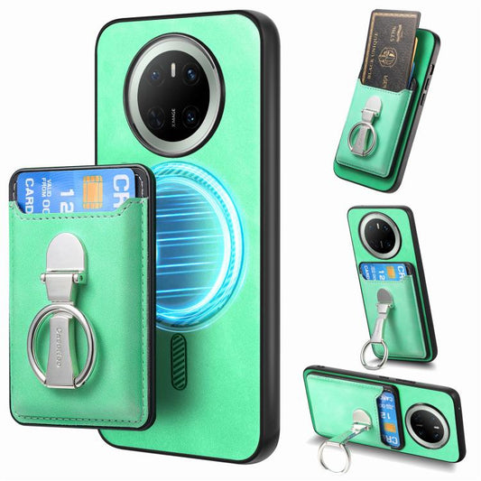 For Huawei Mate 70 Retro Folding Ring Holder Card Bag MagSafe Phone Case(Green) - Huawei Cases by PMC Jewellery | Online Shopping South Africa | PMC Jewellery | Buy Now Pay Later Mobicred