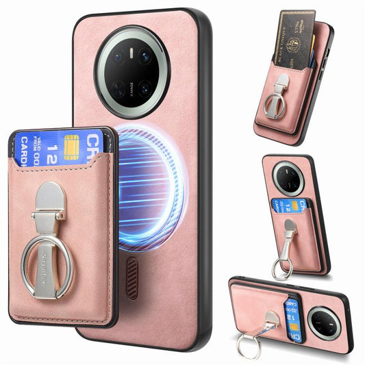 For Huawei Mate 70 Retro Folding Ring Holder Card Bag MagSafe Phone Case(Pink) - Huawei Cases by PMC Jewellery | Online Shopping South Africa | PMC Jewellery | Buy Now Pay Later Mobicred