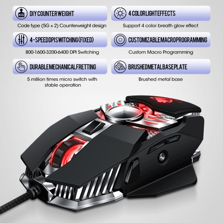 T-WOLF V10 USB Interface 7 Buttons 6400 DPI Gaming Wired Mouse Custom Macro Programming 4-Color Breathing Light Gaming Mouse, Cable Length: 1.5m(Gun Color) - Wired Mice by T-WOLF | Online Shopping South Africa | PMC Jewellery | Buy Now Pay Later Mobicred