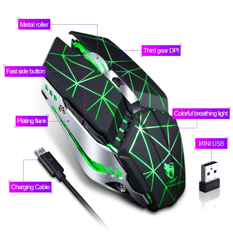 T-WOLF Q15 6-Buttons 1600 DPI Wireless Rechargeable Mute Office Gaming Mouse with 7 Color Breathing Light( Stars Black) - Wireless Mice by T-WOLF | Online Shopping South Africa | PMC Jewellery | Buy Now Pay Later Mobicred