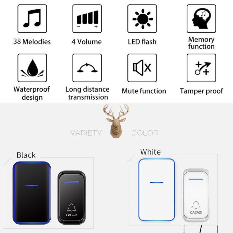 CACAZI Home Smart Digital Wireless Doorbell Remote Electronic Doorbell Elderly Pager, Style: US Plug(White) - Wireless Doorbell by CACAZI | Online Shopping South Africa | PMC Jewellery | Buy Now Pay Later Mobicred