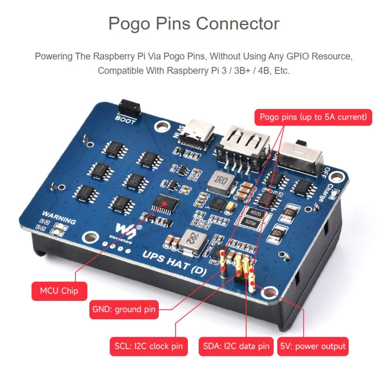 Waveshare 25567 For Raspberry Pi UPS HAT (D), Pogo Pins Connector , Without Battery - Raspberry Pi Accessories by Waveshare | Online Shopping South Africa | PMC TechLife | Buy Now Pay Later Mobicred