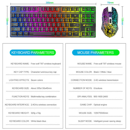 ZIYOU LANG T87 Gaming Luminous Wireless Keyboard and Mouse Set(Blue) - Wireless Keyboard by ZIYOU LANG | Online Shopping South Africa | PMC Jewellery | Buy Now Pay Later Mobicred