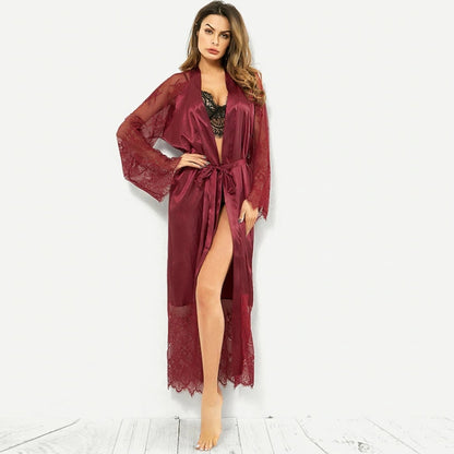 Sexy Glossy Long Nightgown Lace Long-sleeved Erotic Lingerie, Size: L(Wine Red) - Pajamas & Bathrobe by PMC Jewellery | Online Shopping South Africa | PMC Jewellery