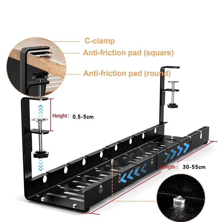 Stretchable Under Desk Cable Management Tray Carbon Steel Cable Organizer Cable Storage Rack(Black) - Shelf & Hooks by PMC TechLife | Online Shopping South Africa | PMC TechLife