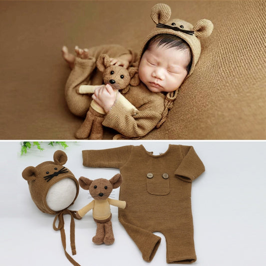 Newborn Photography Clothing Baby Knitted Jumpsuit + Hat + Mouse Doll Three-Piece Set(Brown) - Baby Photo Props by PMC Jewellery | Online Shopping South Africa | PMC Jewellery | Buy Now Pay Later Mobicred