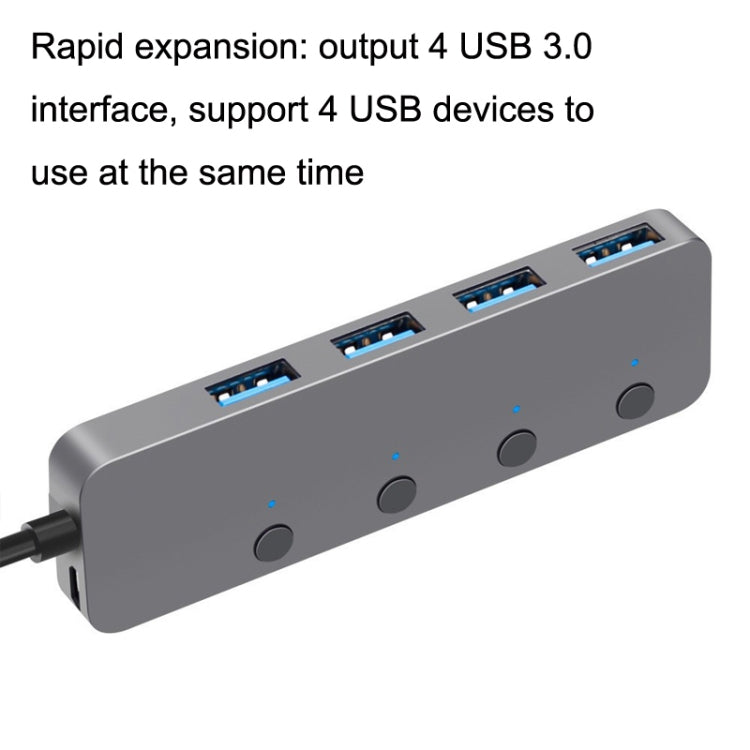 HS0059 Independent Switch USB 3.0 4 Ports Extension Type-C / USB-C Aluminum Alloy HUB, Cable Length: 30cm - USB 3.0 HUB by PMC Jewellery | Online Shopping South Africa | PMC Jewellery | Buy Now Pay Later Mobicred