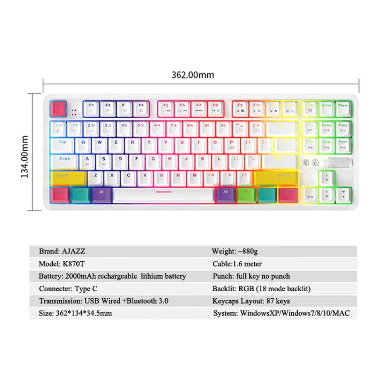 Ajazz K870T 87-Key RGB Office Game Phone Tablet Bluetooth/Wired Dual-Mode Mechanical Keyboard Green Shaft (White) - Wired Keyboard by Ajazz | Online Shopping South Africa | PMC Jewellery | Buy Now Pay Later Mobicred