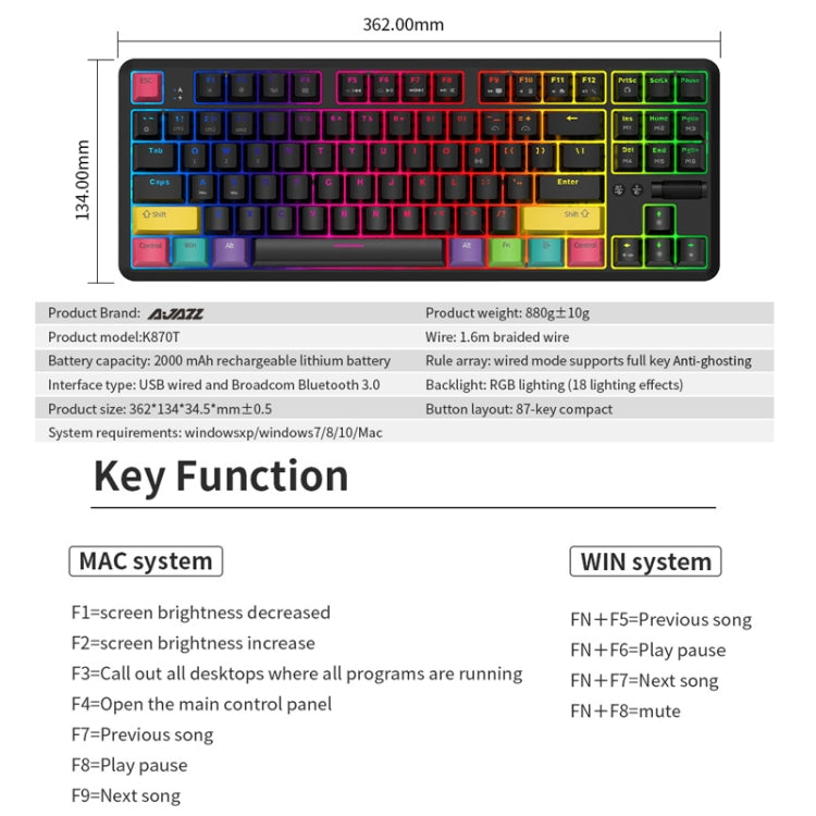 Ajazz K870T 87-Key Hot Swap Bluetooth/Wired Dual Mode RGB Backlight Office Game Mechanical Keyboard Red Shaft (Black) - Wireless Keyboard by Ajazz | Online Shopping South Africa | PMC Jewellery | Buy Now Pay Later Mobicred