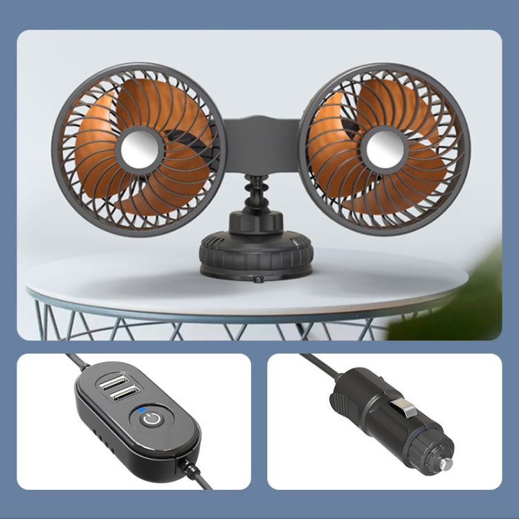 F6026 Large Suction Cup Vehicle-Mounted Double-Head Fan, Model: Cigarette Lighter with USB - Heating & Fans by PMC Jewellery | Online Shopping South Africa | PMC Jewellery | Buy Now Pay Later Mobicred