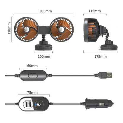 F6026 Large Suction Cup Vehicle-Mounted Double-Head Fan, Model: Cigarette Lighter with USB - Heating & Fans by PMC Jewellery | Online Shopping South Africa | PMC Jewellery | Buy Now Pay Later Mobicred