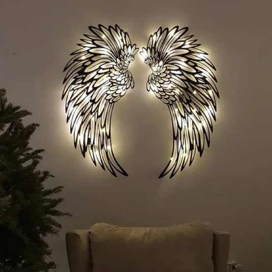 1pair 35cm Double Sided Black Engraved Metal LED Angel Wings Wall Hanging Decoration With Lights - Ornaments by PMC Jewellery | Online Shopping South Africa | PMC Jewellery