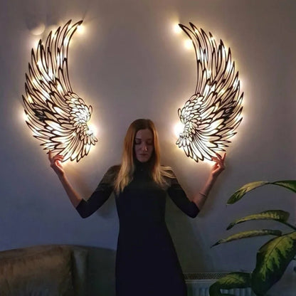 1pair 30cm Double Sided Black Engraved Metal LED Angel Wings Wall Hanging Decoration With Lights - Ornaments by PMC Jewellery | Online Shopping South Africa | PMC Jewellery