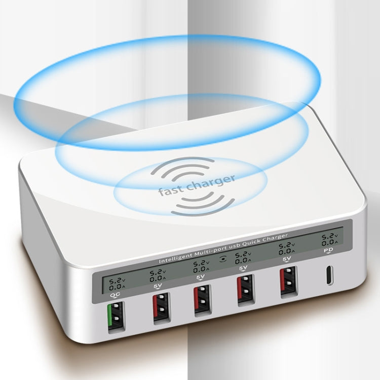 818PF 5 USB Ports + Type-C Smart Digital Display Wireless Phone Charger, Style: UK Plug (White) - Multifunction Charger by PMC Jewellery | Online Shopping South Africa | PMC Jewellery | Buy Now Pay Later Mobicred