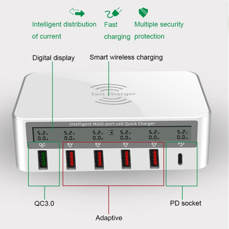 818PF 5 USB Ports + Type-C Smart Digital Display Wireless Phone Charger, Style: US Plug (White) - Multifunction Charger by PMC Jewellery | Online Shopping South Africa | PMC Jewellery | Buy Now Pay Later Mobicred