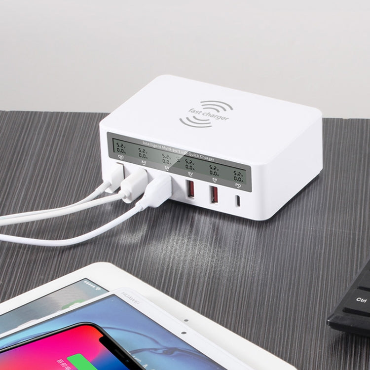 818PF 5 USB Ports + Type-C Smart Digital Display Wireless Phone Charger, Style: US Plug (White) - Multifunction Charger by PMC Jewellery | Online Shopping South Africa | PMC Jewellery | Buy Now Pay Later Mobicred