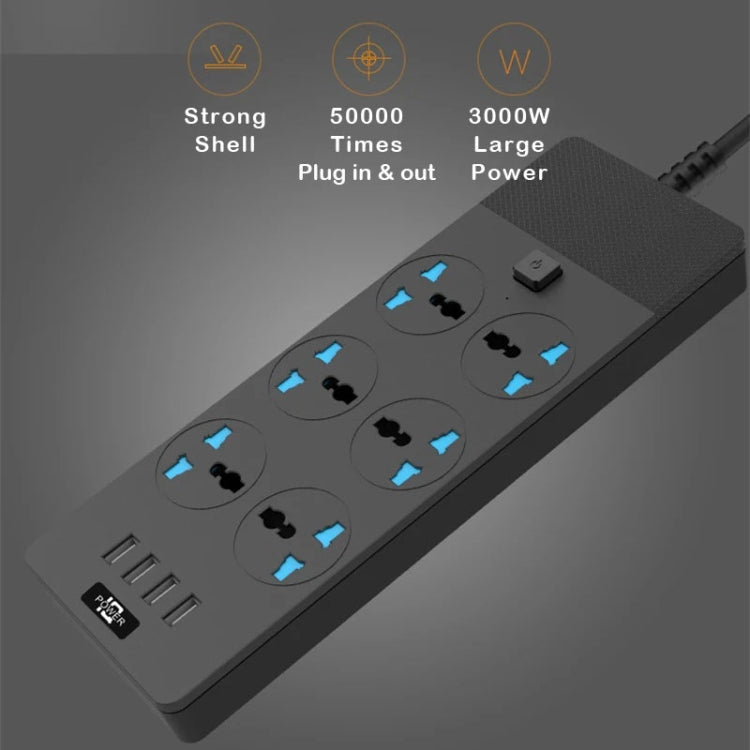 TB-T12 3000W 2m 4-USB Ports + 6-Jacks Multifunctional Flame-Retardant Socket With Switch(EU Plug) - Extension Socket by PMC Jewellery | Online Shopping South Africa | PMC Jewellery | Buy Now Pay Later Mobicred