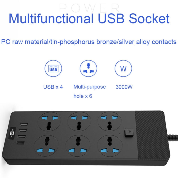 TB-T12 3000W 2m 4-USB Ports + 6-Jacks Multifunctional Flame-Retardant Socket With Switch(US Plug) - Extension Socket by PMC Jewellery | Online Shopping South Africa | PMC Jewellery | Buy Now Pay Later Mobicred