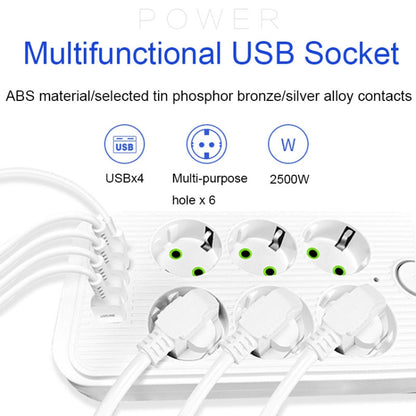 F06 2m 2500W 6 Plugs + PD + 4-USB Ports Multifunctional Socket With Switch, EU Plug(White) - Extension Socket by PMC Jewellery | Online Shopping South Africa | PMC Jewellery | Buy Now Pay Later Mobicred